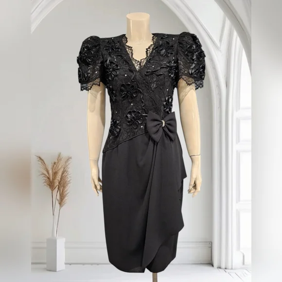 Leslie Fay | Dresses | Leslie Fay Evenings Vtg 8s Black Lace Embroidered  Cocktail Sheath Dress 4 | Poshmark
